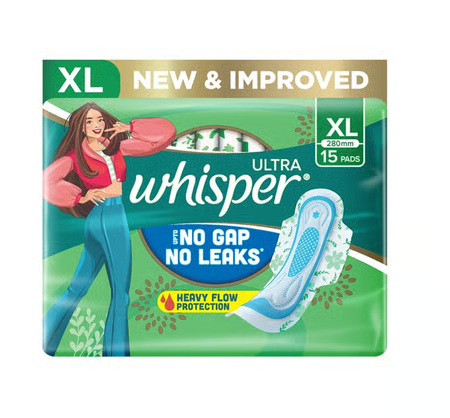 Whisper Ultra Upto No Gap No Leaks Sanitary Pads (XL, 15 pieces)