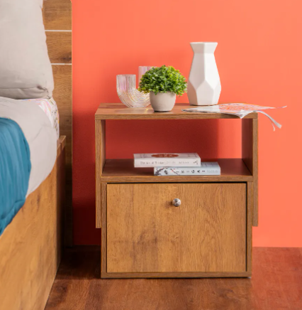 Pal - Engineered Wood Bedside Table (1 Shelf & 1 Drawer, Volga Walnut )